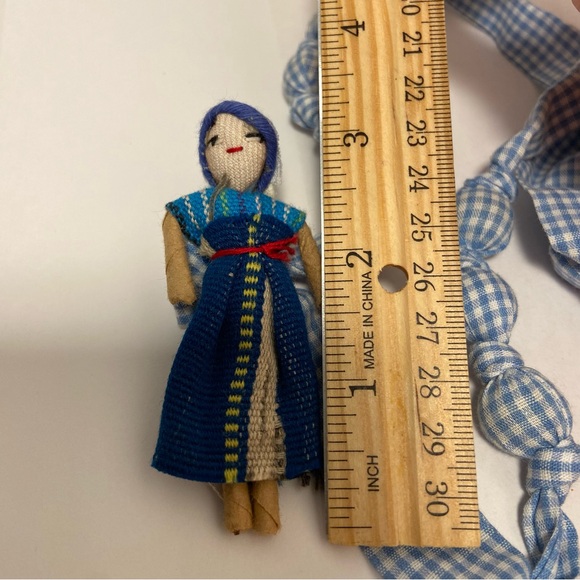 Vintage Folk Art Asian DOLL Fabric Handmade Cloth Necklace Blue Check Tie - Picture 11 of 15